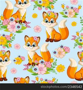 Seamless vector pattern with cute happy foxes and flowers isolated on blue background. Colorful vector illustration. For print, linen, design, wallpaper, decor, textile, packaging, kids apparel. Seamless vector pattern with cute fox background blue