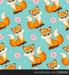 Seamless vector pattern with cute happy foxes and flowers isolated on turquoise background. Colorful vector illustration. For print, linen, design, wallpaper, decor, textile, packaging, kids apparel. Seamless vector pattern with cute fox background