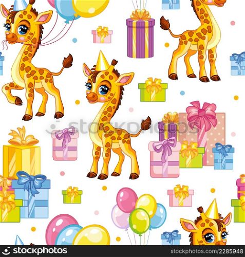 Seamless vector pattern with cute happy giraffes with balloons and presents. Colorful illustration vector background birthday concept. For print, linen, design, wallpaper, decor, textile, packaging. Seamless vector pattern giraffe happy birthday background
