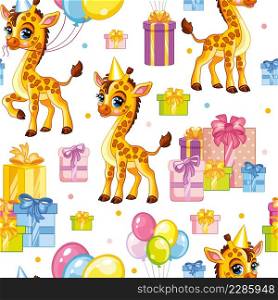 Seamless vector pattern with cute happy giraffes with balloons and presents. Colorful illustration vector background birthday concept. For print, linen, design, wallpaper, decor, textile, packaging. Seamless vector pattern giraffe happy birthday background