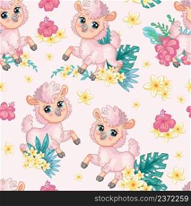 Seamless vector pattern with cute happy llama and flowers isolated on pink background. Color cartoon vector illustration. For print, linen, design, wallpaper, decor, textile, packaging, kids apparel. Seamless vector pattern with llama and flowers pink