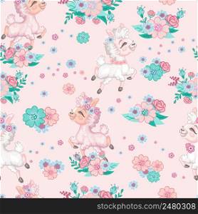 Seamless vector pattern with cute happy llama and flowers isolated on pink background. Cartoon vector illustration. For design, linen, wallpaper, decor, textile, packaging, kids apparel. Seamless vector pattern with happy llama and flowers