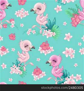 Seamless vector pattern with cute happy pink flamingo and flowers isolated on turquoise background. Cartoon vector illustration. For design, linen, wallpaper, decor, textile, packaging, kids apparel. Seamless vector pattern with pink flamingo and flowers