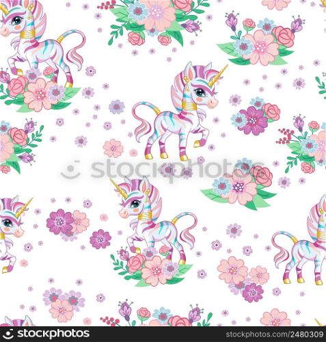 Seamless vector pattern with cute happy rainbow zebra and flowers isolated on pink background. Cartoon vector illustration. For design, linen, wallpaper, decor, textile, packaging, kids apparel. Seamless vector pattern with happy rainbow zebra and flowers