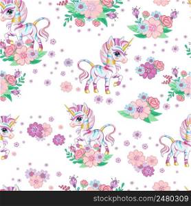 Seamless vector pattern with cute happy rainbow zebra and flowers isolated on pink background. Cartoon vector illustration. For design, linen, wallpaper, decor, textile, packaging, kids apparel. Seamless vector pattern with happy rainbow zebra and flowers