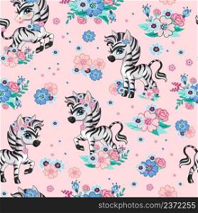 Seamless vector pattern with cute happy zebra and flowers isolated on pink background. Cartoon vector illustration. For print, linen, design, wallpaper, decor, textile, packaging, kids apparel. Seamless vector pattern with zebra and flowers pink