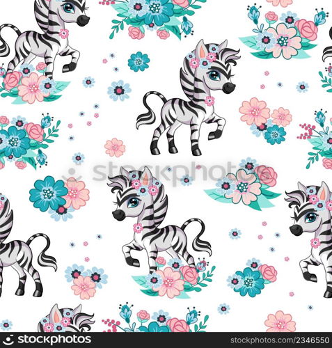 Seamless vector pattern with cute happy zebra and flowers isolated on white background. Colorful vector illustration. For print, linen, design, wallpaper, decor, textile, packaging, kids apparel. Seamless vector pattern with cute zebra and flowers