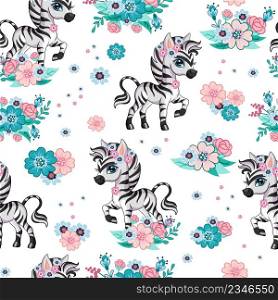 Seamless vector pattern with cute happy zebra and flowers isolated on white background. Colorful vector illustration. For print, linen, design, wallpaper, decor, textile, packaging, kids apparel. Seamless vector pattern with cute zebra and flowers
