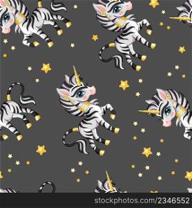 Seamless vector pattern with cute happy zebra unicorn and stars isolated on gray background. Colorful vector illustration. For print, linen, design, wallpaper, decor, textile, packaging, kids apparel. Seamless vector pattern with cute zebra unicorn and stars