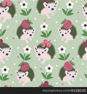 Seamless vector pattern with cute hedgehogs, berries and flowers.