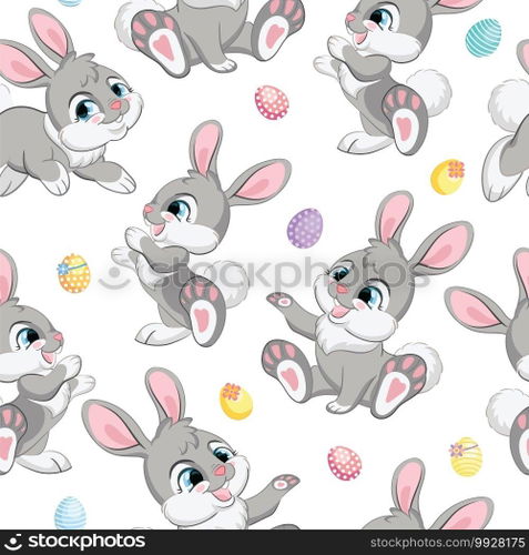 Seamless vector pattern with Easter concept. Cute gray easter rabbits. Colorful illustration isolated on soft gray background. For print, t-shirt, design, wallpaper, decor, textile. Seamless vector pattern gray bunnies white background