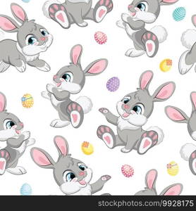 Seamless vector pattern with Easter concept. Cute gray easter rabbits. Colorful illustration isolated on soft gray background. For print, t-shirt, design, wallpaper, decor, textile. Seamless vector pattern gray bunnies white background
