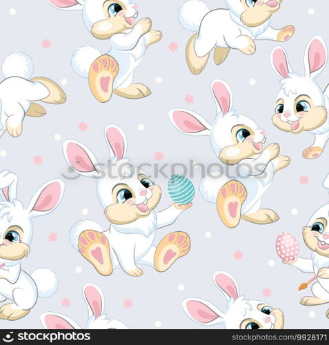 Seamless vector pattern with Easter concept. Cute white easter rabbits. Colorful illustration isolated on soft gray background. For print, t-shirt, design, wallpaper, decor, textile. Seamless vector pattern white bunnies soft gray