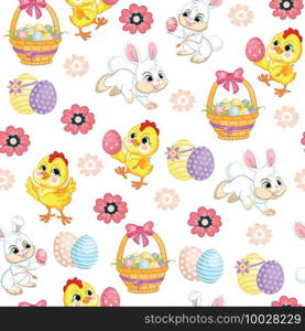 Seamless vector pattern with Easter concept. Rabbits, chickens and basket with easter eggs. Colorful illustration isolated on white background. For print, t-shirt, design, wallpaper, decor, textile. Seamless vector pattern lambs, bunnies and big easter egg