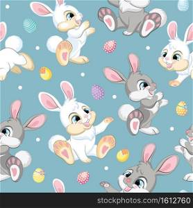 Seamless vector pattern with Easter concept. White and gray bunnies and easter eggs. Colorful illustration isolated on blue background. For print, t-shirt, design, wallpaper, decor, textile. Seamless pattern easter rabbits on blue background