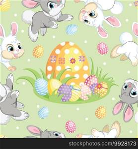Seamless vector pattern with Easter concept. White and gray bunnies runs around big easter egg. Colorful illustration isolated on green background. For print, t-shirt, design, wallpaper, decor,textile. Seamless vector pattern easter bunnies and big egg