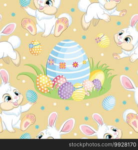 Seamless vector pattern with Easter concept. White bunnies runs around big easter egg. Colorful illustration isolated on beige background. For print, t-shirt, design, wallpaper, decor, textile. Seamless vector pattern white bunnies and big easter egg