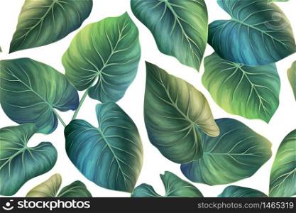 Seamless vector pattern with exotic tropical plants in modern style. Trendy jungle colorful bright background design. Nature textile fashion wallpaper print.