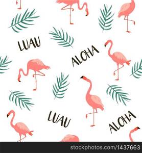 Seamless vector pattern with flamingos and tropical leaves. Suitable for fabric, textile prints, gift box wrapping. Seamless vector pattern with flamingos and leaves
