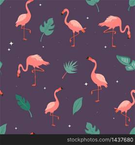 Seamless vector pattern with flamingos and tropical leaves. Suitable for fabric, textile prints, gift box wrapping. Seamless vector pattern with flamingos and leaves