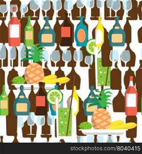 Seamless vector pattern with flat bottles of alcoholic beverages, snacks, cocktails