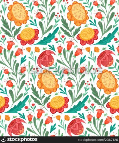 Seamless vector pattern with flowers with folk arts on white background. Texture with floral ornaments with naive decorations in flat hand drawn style. Natural fabric swatch with national decoration. Seamless vector pattern with flowers with folk arts on white background. Texture with floral ornaments with naive decorations