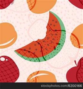 Seamless vector pattern with fruits and berries. Pear, watermelon, apple, pomegranate and &#xA;apricot - seamless texture. Colored illustration for print, wallpaper, fabrics and paper. Stock &#xA;vector