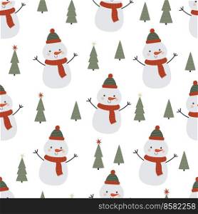 Seamless vector pattern with funny snowmen and Christmas trees. Winter seamless background in flat cartoon style. Design for fabric, wrapping paper, postcards.. Seamless vector pattern with funny snowmen and Christmas trees. Winter seamless background in flat cartoon style.