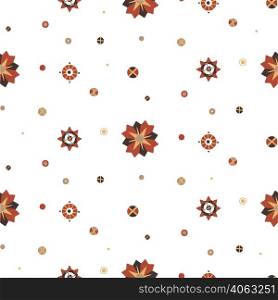 Seamless vector pattern with geometric flowers with folk art on white background and polka dots. Scandinavian texture with simple floral decorations. Fabric swatch with naive ornaments. Seamless vector pattern with geometric flowers with folk art on white background and polka dots. Scandinavian texture with simple floral decorations.