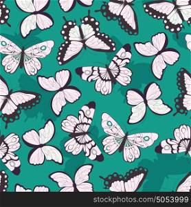 Seamless vector pattern with hand drawn colorful butterflies, green background, vector illustration