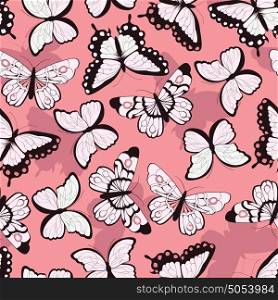 Seamless vector pattern with hand drawn colorful butterflies, pink background, vector illustration
