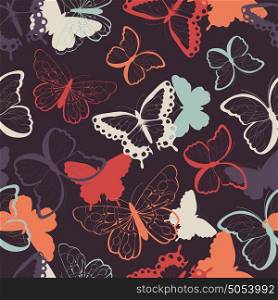 Seamless vector pattern with hand drawn colorful butterflies, silhouette vibrant, vector illustration