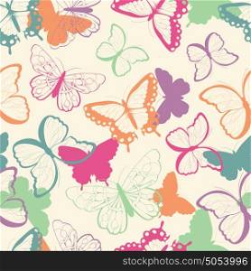 Seamless vector pattern with hand drawn colorful butterflies, silhouette vibrant, vector illustration