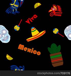 Seamless vector pattern with hand drawn elements of Mexican guitar, sombrero, skull, Aztec mask, music instruments. Perfect background for your design. Travel to Mexico texture.