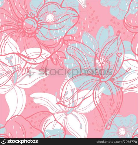 Seamless vector pattern with hand drawn lilies.. Floral pattern with lilies.