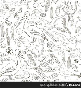 Seamless vector pattern with hand drawn seagulls and pelicans.
