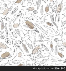 Seamless vector pattern with hand drawn seagulls and pelicans.