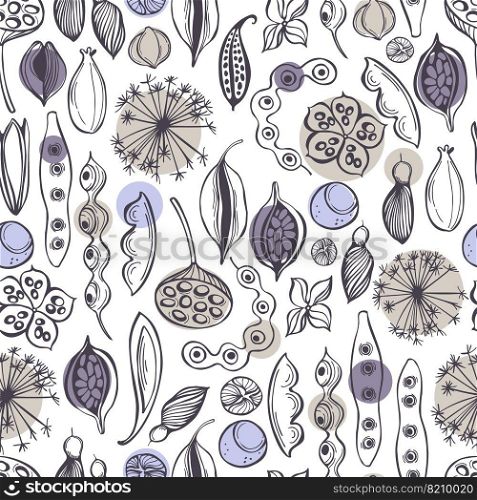  Seamless vector pattern with hand-drawn seedpods. Sketch  illustration.. Vector pattern with  seedpods. 