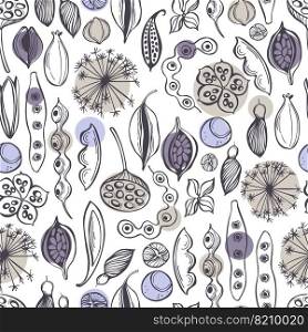  Seamless vector pattern with hand-drawn seedpods. Sketch  illustration.. Vector pattern with  seedpods. 
