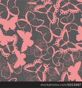 Seamless vector pattern with hand drawn silhouette butterflies, pink and gray, vector illustration