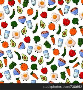 Seamless vector pattern with kawaii cartoon food - vegetables, eggs and other diet products on white background. Cute characters. Illustration for textile, wrapper. Flat style. Kawaii Food Collection