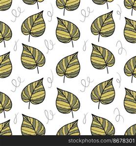 Seamless vector pattern with leaves and doodle on white background.