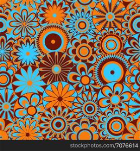 Seamless vector pattern with many motley various stylized flowers in blue, orange and brown colors