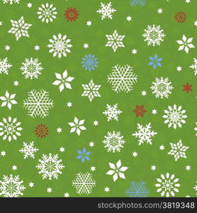 Seamless vector pattern with many snowflakes over green seamless background. Seamless pattern with many snowflakes