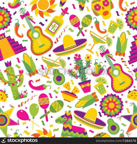 Seamless vector pattern with mexican elements - guitar, sombrero, tequila, taco, skull on white. Perfect artistic background for your design.