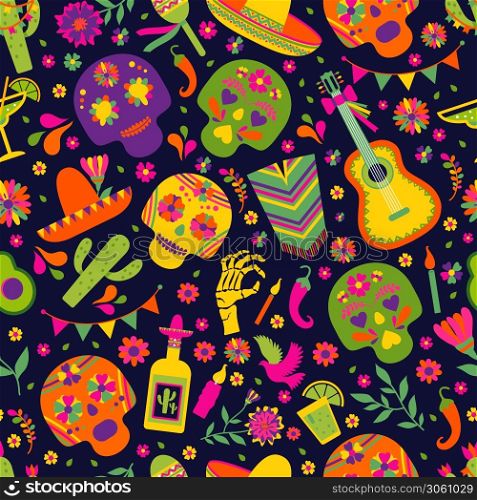 Seamless vector pattern with mexican elements on black. Seamless vector pattern with mexican elements - guitar, sombrero, tequila, taco, skull on dark. Perfect artistic background for your design.