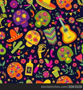 Seamless vector pattern with mexican elements on black. Seamless vector pattern with mexican elements - guitar, sombrero, tequila, taco, skull on dark. Perfect artistic background for your design.