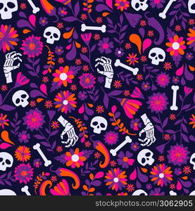 Seamless vector pattern with mexican elements on dark. Seamless vector pattern with mexican elements. Perfect artistic background for your design. Dias de los muertos. Translate-Feast of death.