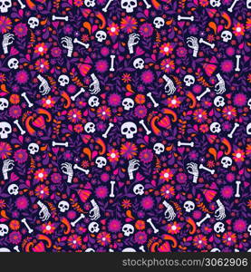 Seamless vector pattern with mexican elements on dark. Seamless vector pattern with mexican elements. Perfect artistic background for your design. Dias de los muertos. Translate-Feast of death.