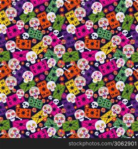 Seamless vector pattern with mexican elements on dark. Seamless vector pattern with mexican elements sombrero, . Perfect artistic background for your design. Dias de los muertos. Translate-Feast of death.